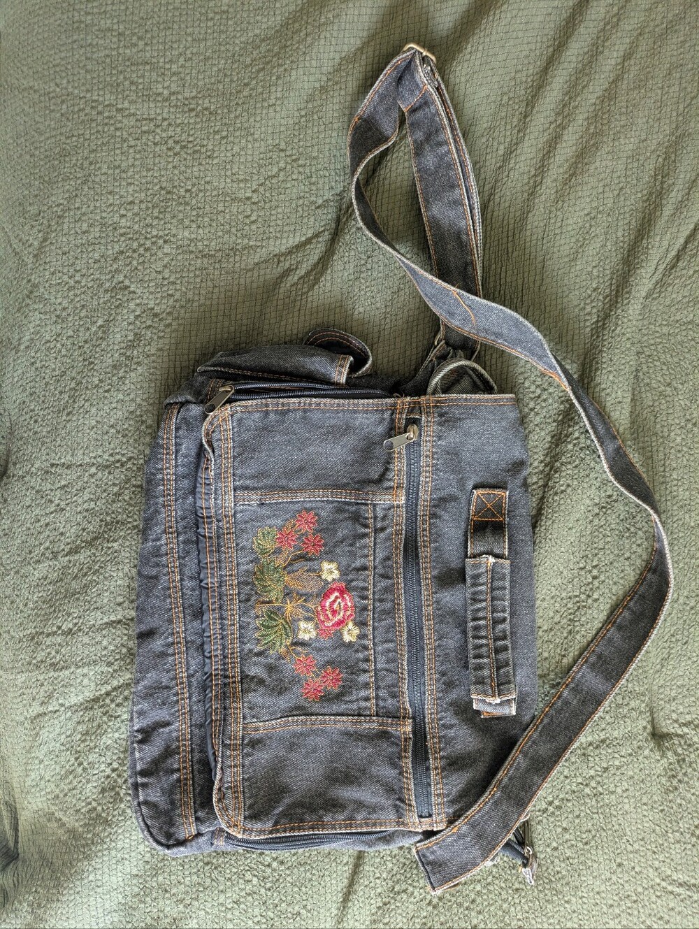 Vintage 2000s Y2k Embroidered Denim Messenger Bag Purse